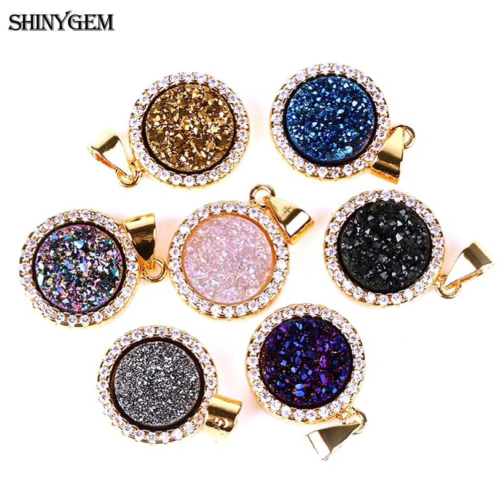 5p 천연 라운드 크리스탈 druzy 스파클링 카보 숑 펜던트 마이크로 인레이 지르콘 골드 도금 베젤 참 트렌디 쥬얼리