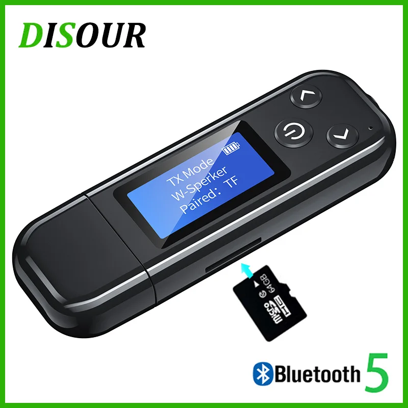 DISOUR USB Bluetooth 5.0 Audio Transmitter Receiver LCD Display 3.5MM AUX RCA Stereo Wireless Adapter Built-in Battery For TV PC