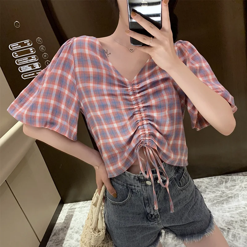 Blouse Shirts Red Plaid V Neck Ruched Drawstring Sexy Tee Women Tops Summer 2020 Puff Sleeve Ladies Loose Glamorous Blusas