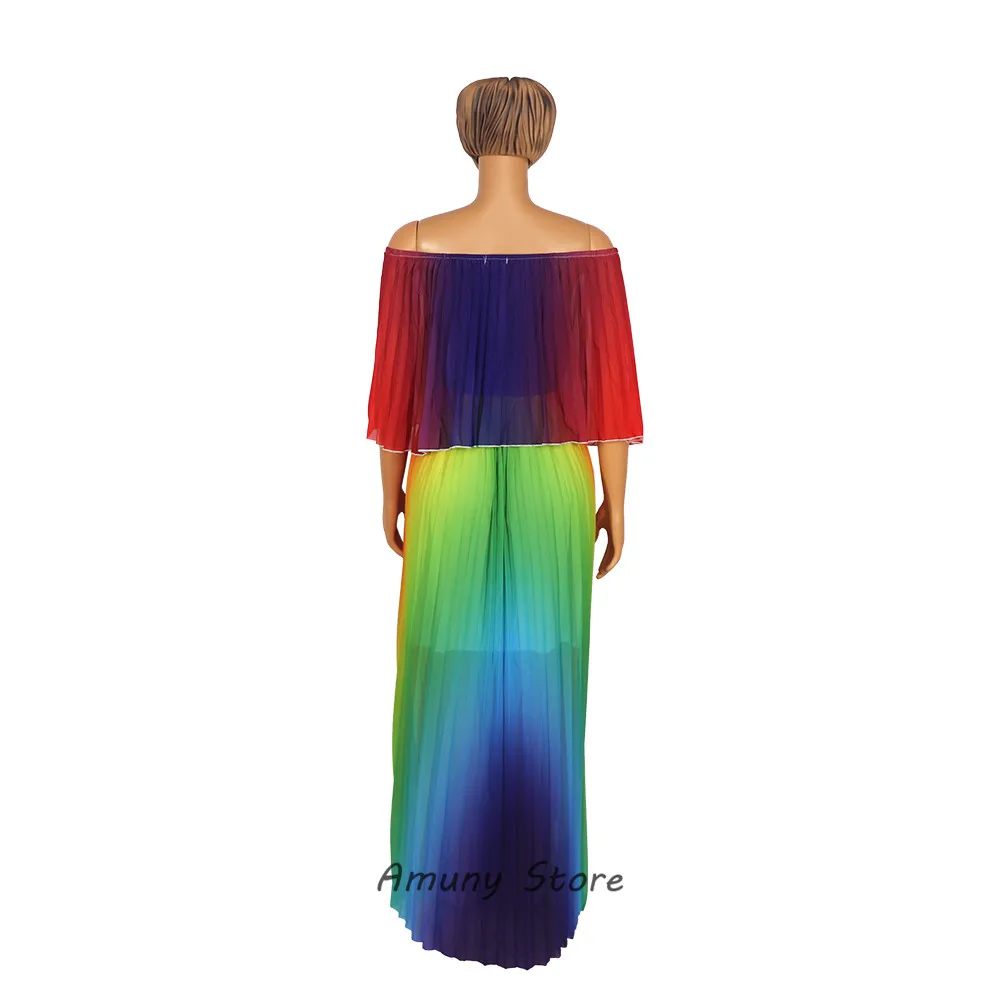 African Woman Dress Press-pleating Decoration Polyester Material Loose Plus Size Off Shoulder Rainbow Color Fashion Long Dress
