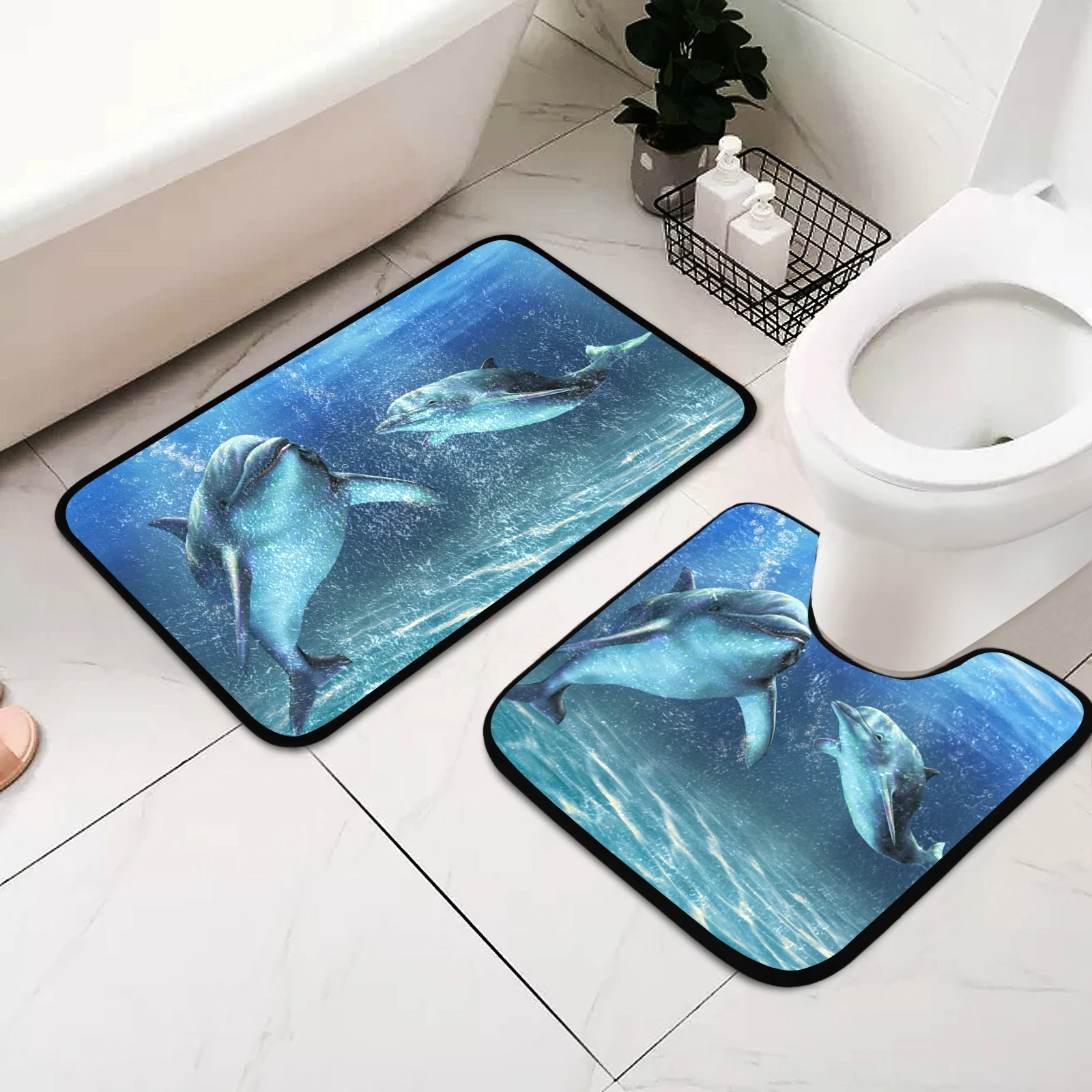 Ocean Dolphin 3D Print Toilet Bath Mat 2 Pieces Set Bathroom Shower Room Carpet Flannel Anti-Slip Water Absorption Mat Area Rug