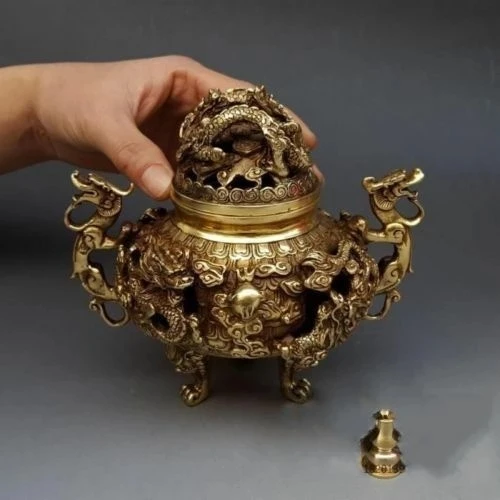 

7" Chinese Brass Gilt 9 Dragon Incense Burner Censer Incensory Burner Statue