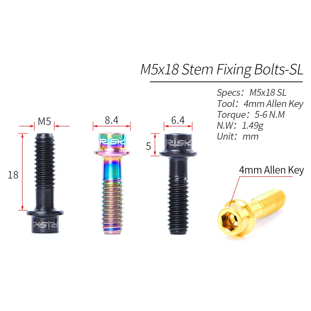 RISK 6pcs/box Road Mountain Bike Bicycle Hollowed Out M5x18 SL Handlebar Stem Fixing Bolts Titanium Alloy Screws