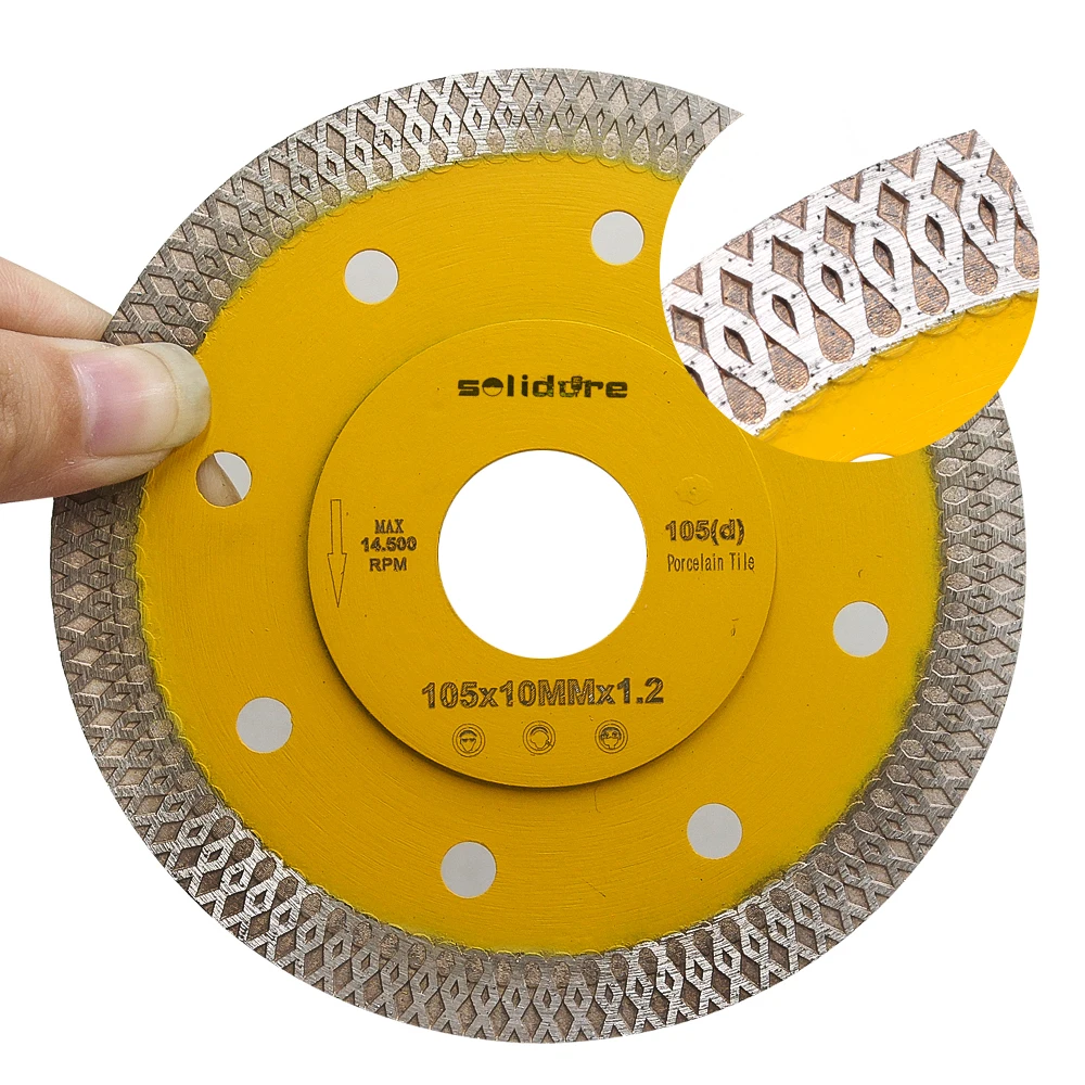 Solidure Brand 105mm with 1.2mm super thin X shape diamond porcelain tile cutting  blade for cutting porcelain tiles