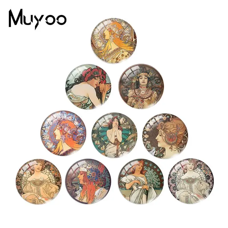 2019 nowy Alphonse Mucha szkło Cabochon kolorowe malarstwo Cabochons sztuka okrągła ręcznie robiona biżuteria