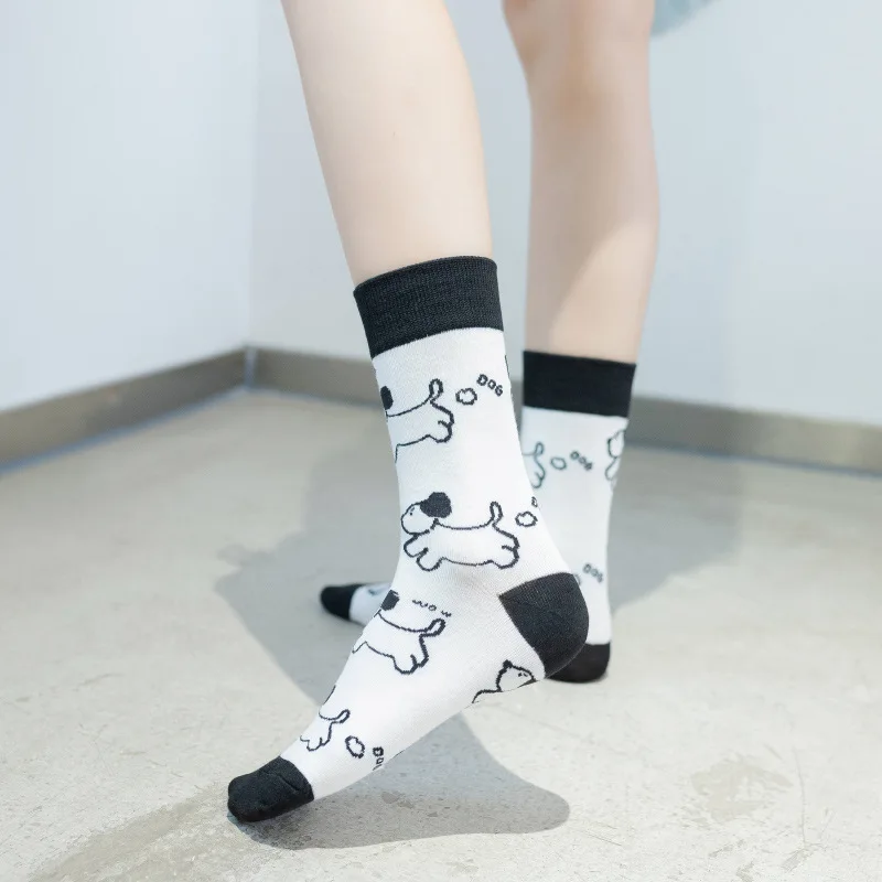 1 Pair Cartoon Cute Womens Cotton Socks Cow Zebra Dog Cross Stripes Houndstooth Fingers Portrait Illustration Happy Funny Socks