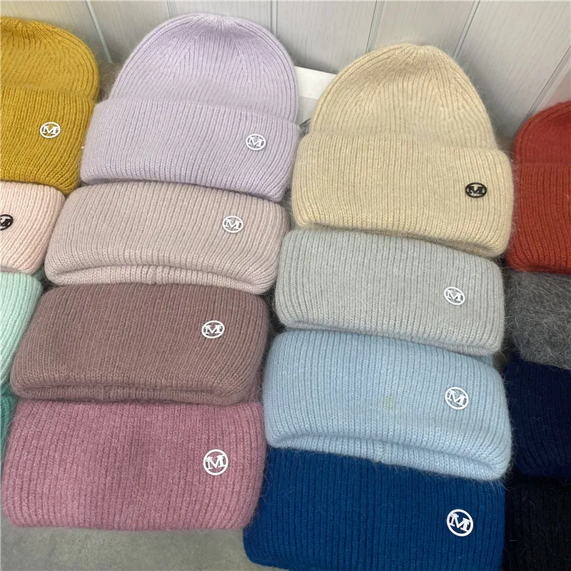 

Ladies Ins Rabbit fur beanie women Knit hat Soft thickened warm Winter Skullies Caps M letter Hip hop Sport Curled hats