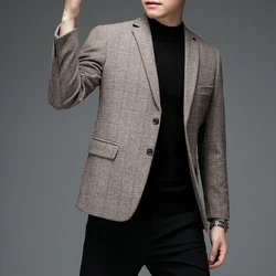 Autumn Winter Men Plaid Wool Blazer Smart Casual Gray Camel Navy Blue Checked Pattern Woolen Blend Jacket Suit Elegant Outfits