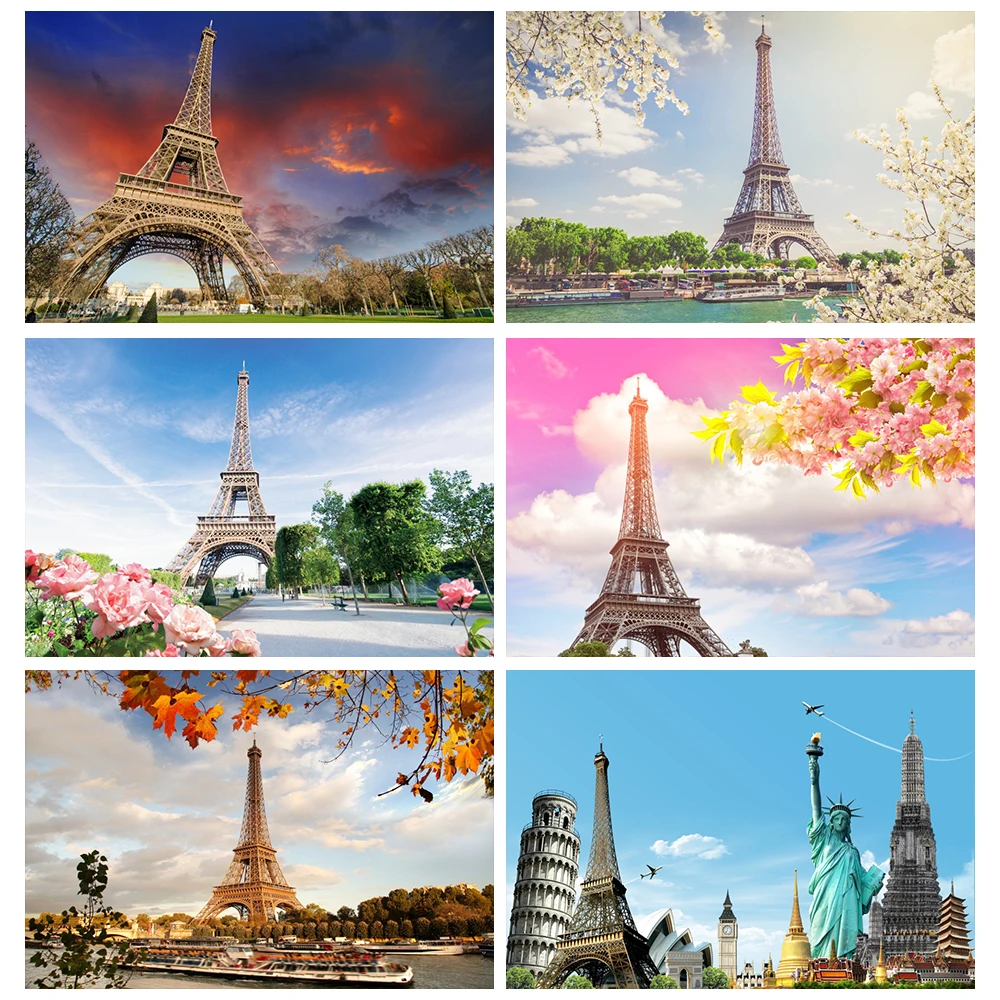 

Laeacco Vinyl Backdrops For Photography Eiffel Tower Old Town Flowers Street Blue Sky Scenic Photo Background For Photo Studio