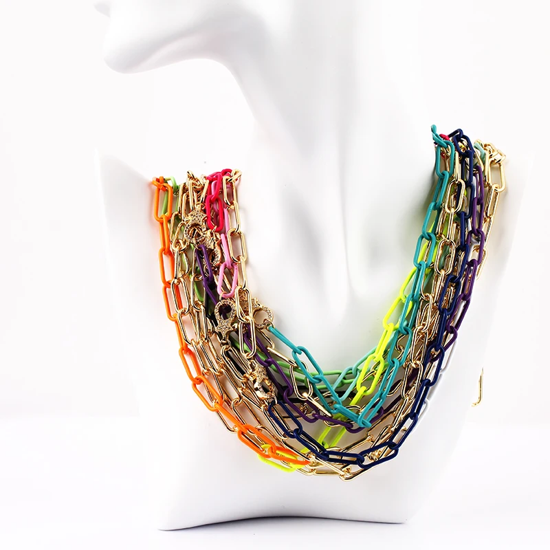 11 Colours ! Dual Colour Paper Clip Chunky Oval Necklace , Oil dropped ,Not easy to tarnish, Ins Tready Summer Beach Jewelry