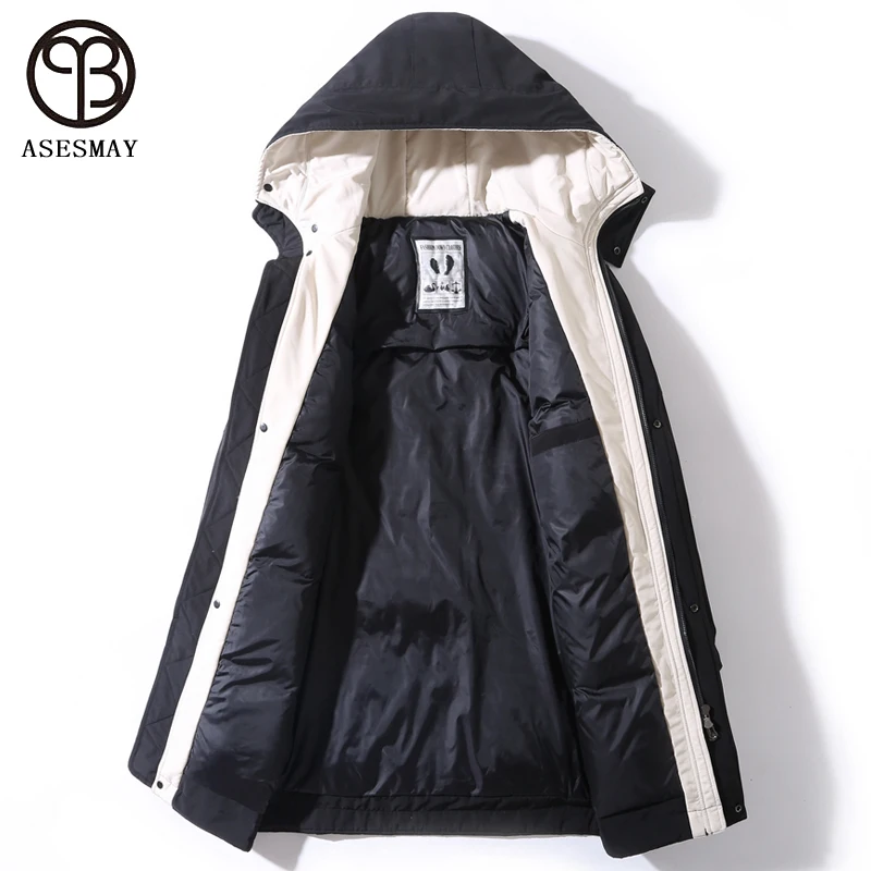 Asesmay 2021 nova chegada dos homens para baixo jaqueta engrossar longo inverno masculino casaco à prova dwaterproof água quente casual parkas com capuz agasalho outwear