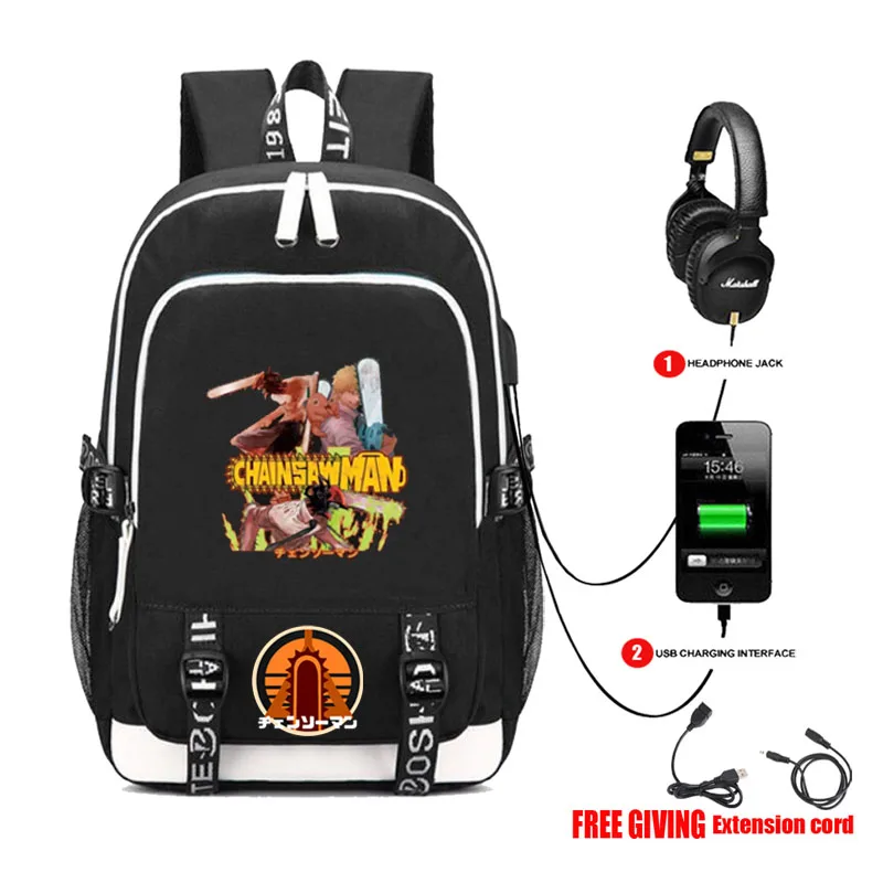 anime Chainsaw Man backpack USB charging Headphone jack Students bookbag Men Teenage Laptop backpack travel bag