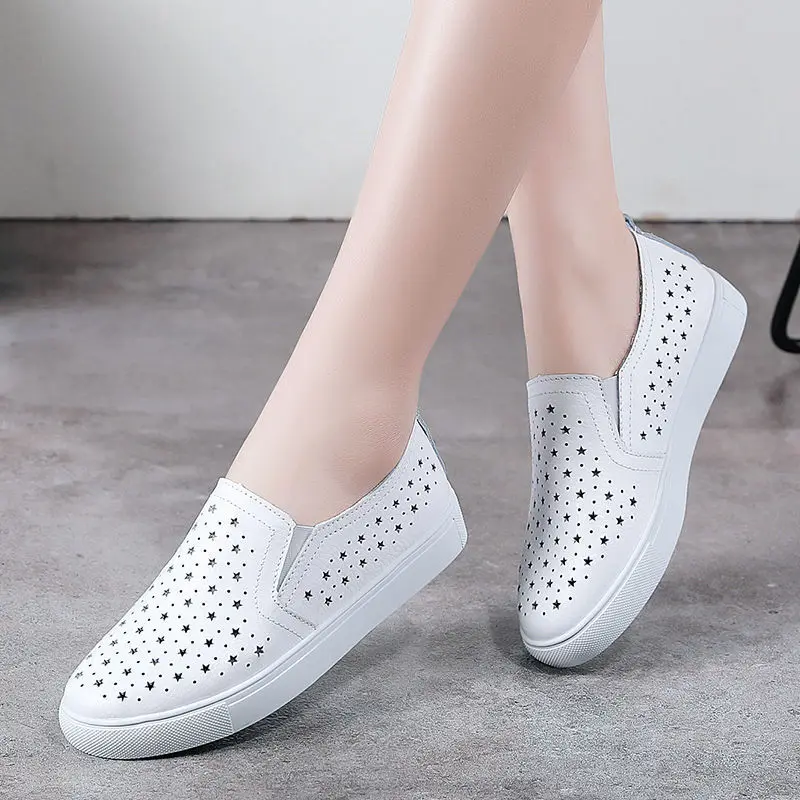 2021 Vintage leather flats women trekking summer shoes wear resitant white flats female loafers