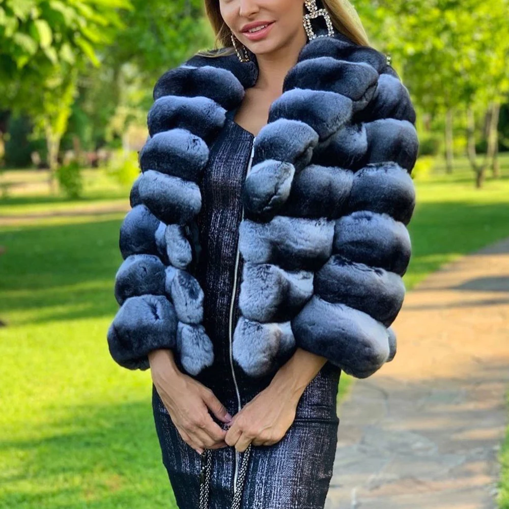 Real Chinchilla Color Rex Rabbit Fur Jacket with Turn-down Collar 2022 Fashion Luxury Women Genuine Full Pelt Rabbit Fur Coat