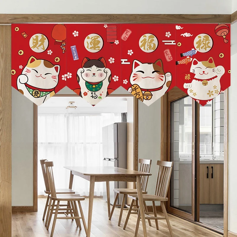 Japanese Doorway Short Curtain Lucky Cat Noren Doorway Canvas Hanging Flag Curtains Valance For Restaurant Home Decoration