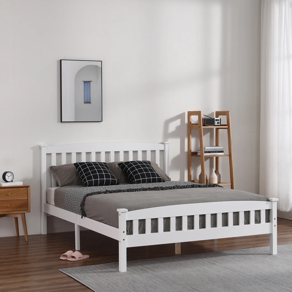 Three Colors Vertical Strip Bed Varnish Full Size  Bedroom Furniture Beds with Headboard Footboard for Bedroom US Warehouse