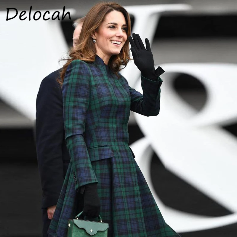 Delocah ใหม่ฤดูใบไม้ร่วงแฟชั่นสำหรับผู้หญิง Designer Party Midi Dress Princess Kate แขนยาวลายสก๊อตพิมพ์สุภาพสตรี Elegant A-Line Dresses