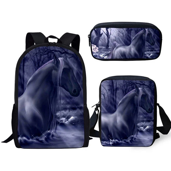 Mochila de hombro con estampado de caballo de fantasía para niños pequeños, conjunto de 3 piezas para escuela primaria, bolsa para libros, bolso con solapas, bolso para bolígrafos