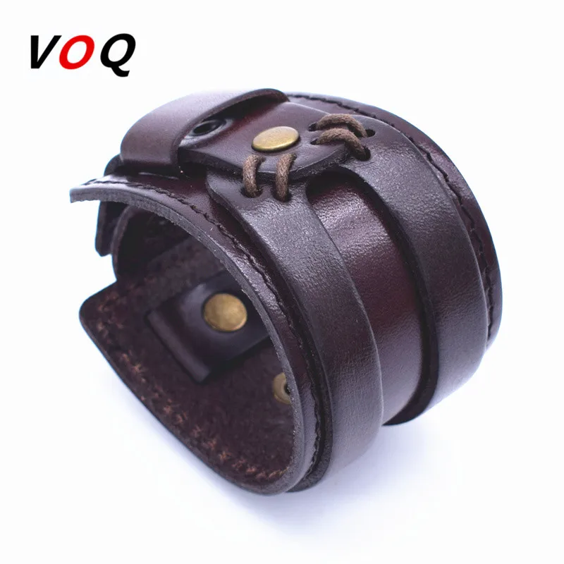 Punk Black with Brown Double Wide Leather Bracelets Adjustable Button Cuff Bangles for Men Friendship Bracelet Fashion Jewelry