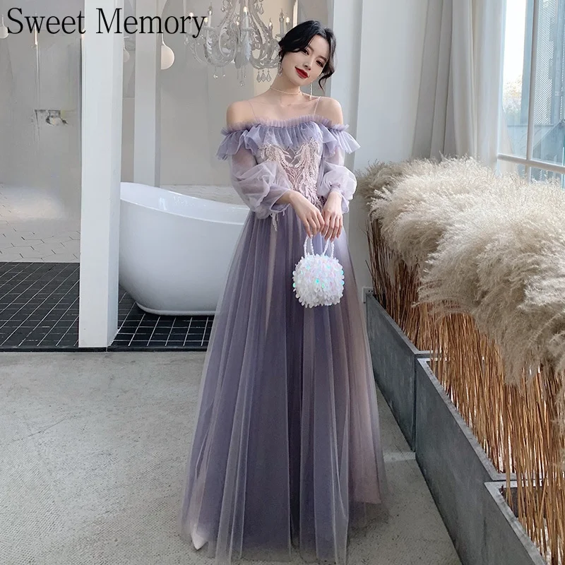 Sweet Memory New Purple Bridesmaid Party Dresses Women Tulle Lace Prom Wedding Party Evening Dress Girl Graduation Vestidos