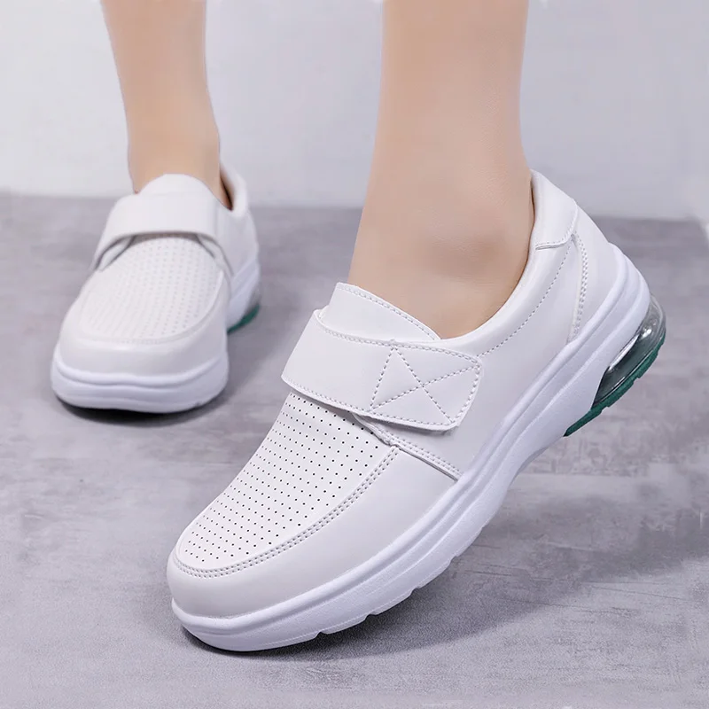 Women Buckle Flat Shoes 2021 Spring Ladies Breathable Nurse Shoes White Female Non-slip Walk Increase Comfortable Sneakers 35-42