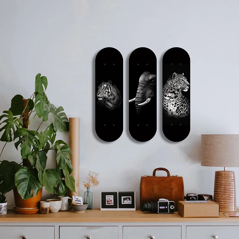 Animals Lion Elephant Leopard Tiger Decorative Skateboard Art Collection Skate Deck Mural Wall Hanging for Teen Room Decoration