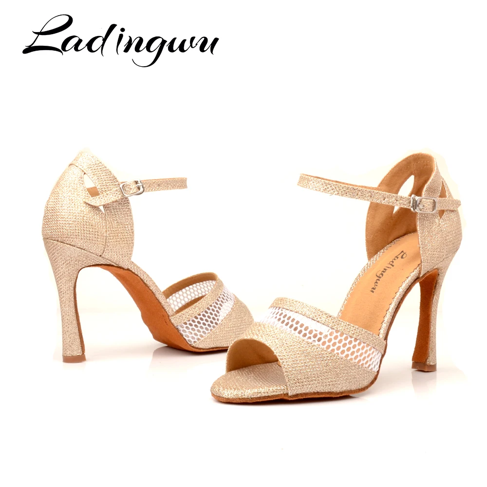 Ladingwu-zapatos de baile con malla transpirable y purpurina para mujer, calzado de baile latino, color champán/blanco, profesional, novedad de