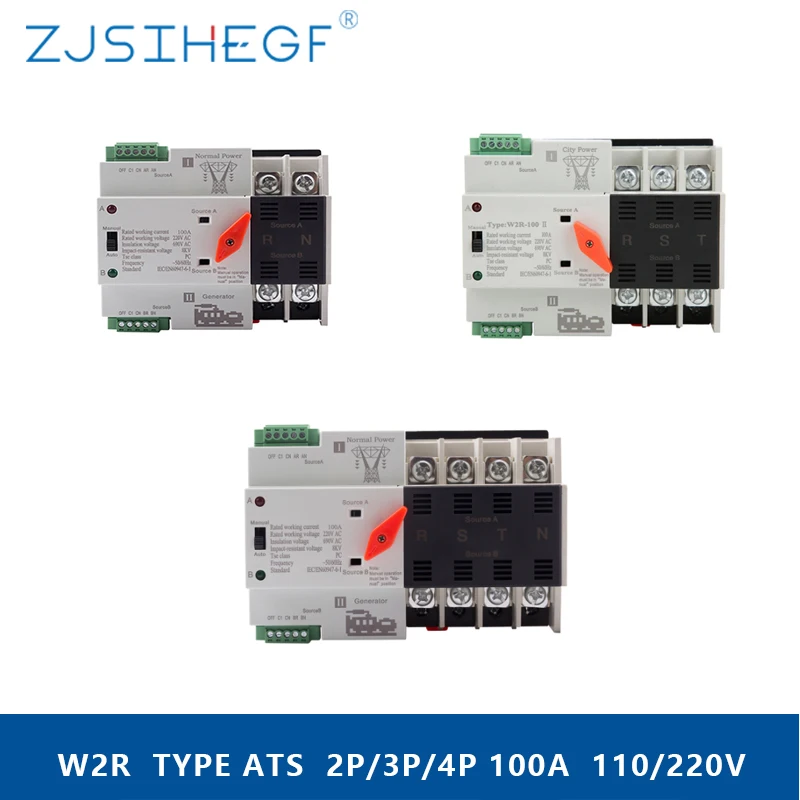 

ZJSIHEGF W2R-2P/3P/4P 100A 110V/220V Mini ATS Automatic Transfer Electrical Selector Switches Dual Power