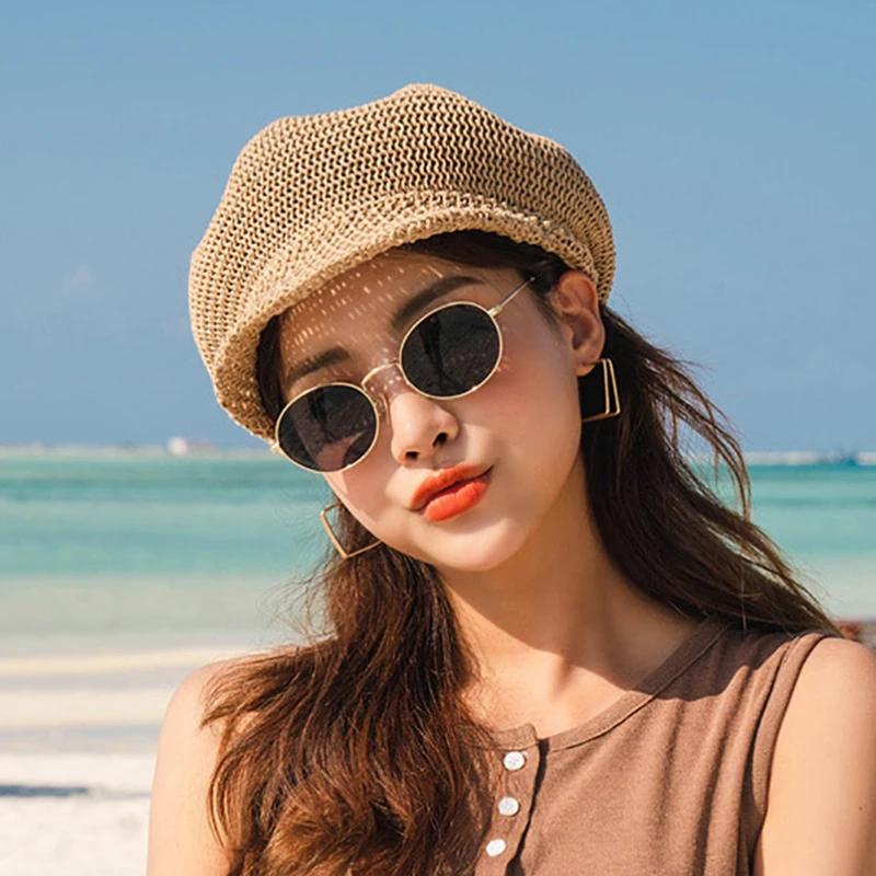 2021 Octagonal Cap Straw Women Summer Thin Newsboy Cap Painter Adjustable Rope Knitted Beret Mesh Breathable Boinas Para Mujer