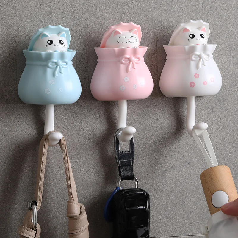 Cute Cat Hook Wall Key Hooks Removable Refrigerator Kitchen Strong Seamless Sticky Hook Household Creative Decorative Hooks