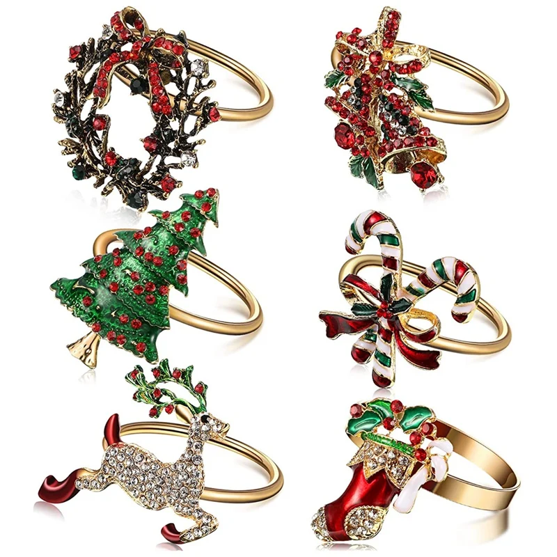 

6Pcs Christmas Napkin Rings Xmas Napkin Holder Rings Wreath For Holiday Party Dinner Table Decoration Retail