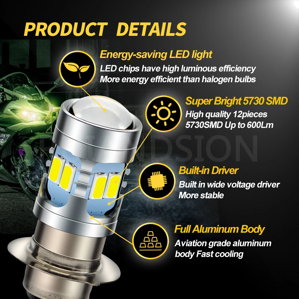 RUIANDSION 1Pcs P15D-25-1 H6M BA20D Motorbike Moped Bulb Scooter Headlight AC 6V-24V 12V 12LED 5730SMD Lemon Yellow 6000K 600Lm