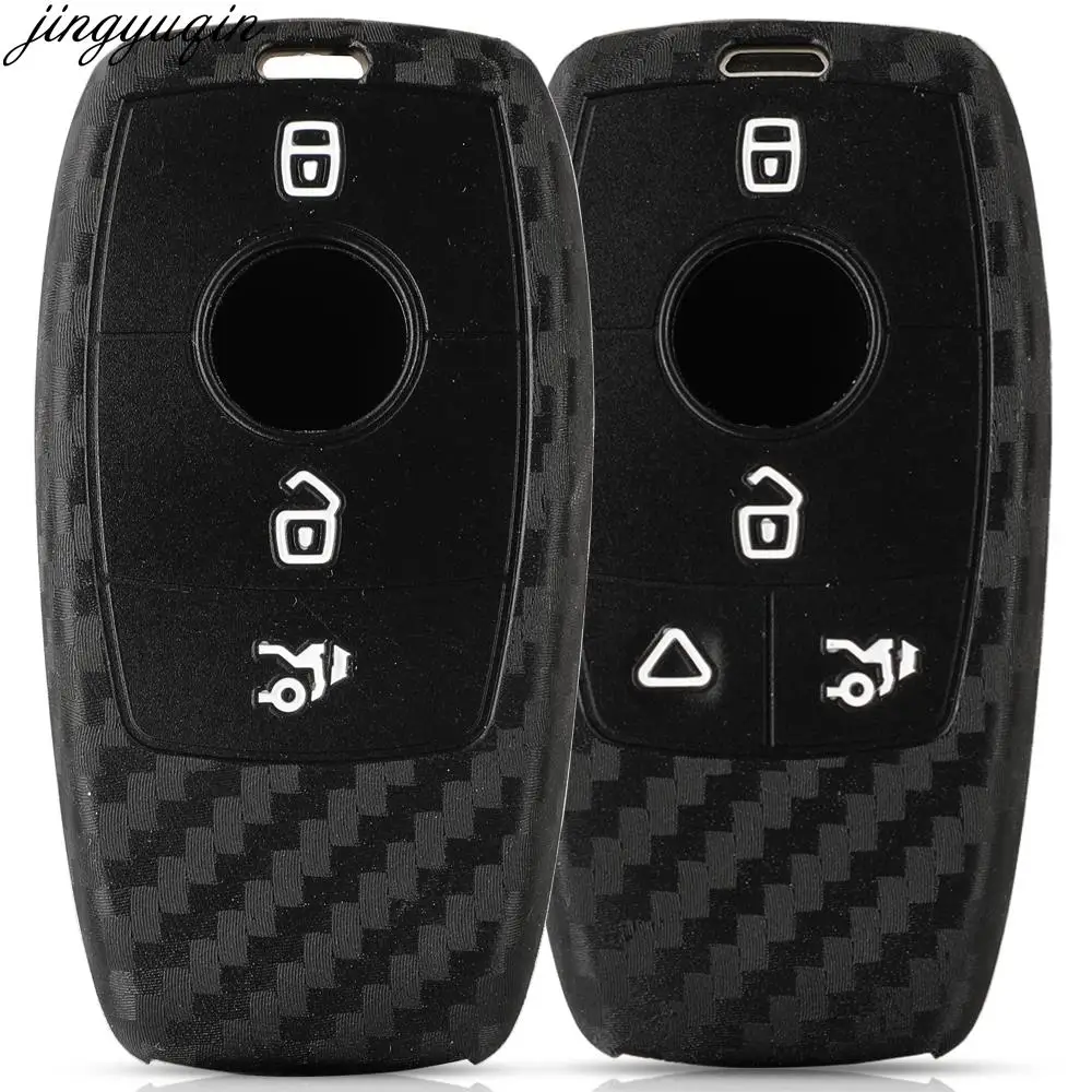 Jingyuqin Remote Car Key Case Carbon Silicone Cover For Mercedes Benz A-class 2016 E200 E300 E350 E450 2016-2020 3/4 Buttons