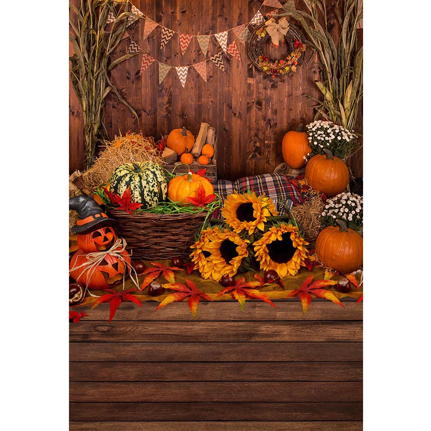 

Rustic Halloween Backdrop Wood Wall Floor Flags Garland Printed Pumpkins Sunflowers Baby Kids Children Autumn Photo Backgrounds