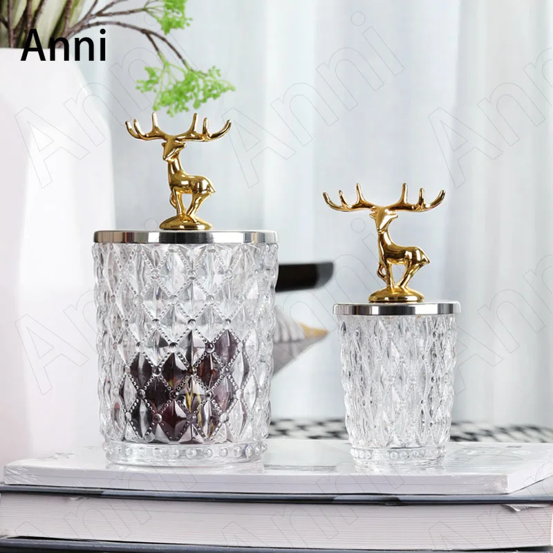 

Golden Deer Crystal Glass Bottle Nordic Modern Coffee Table Desktop Grain Dispenser Candy Snacks Storage Jar with Lid Home Decor