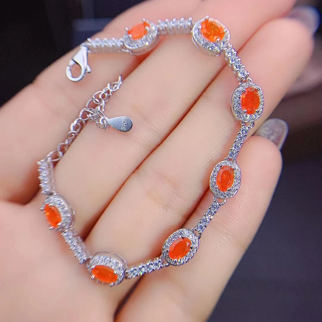 

Newest Fire Opal Bracelet For Women Fine Jewelry Orange Color Natural Gemstone Attractive High-end Bangle Real 925 Silver Gift