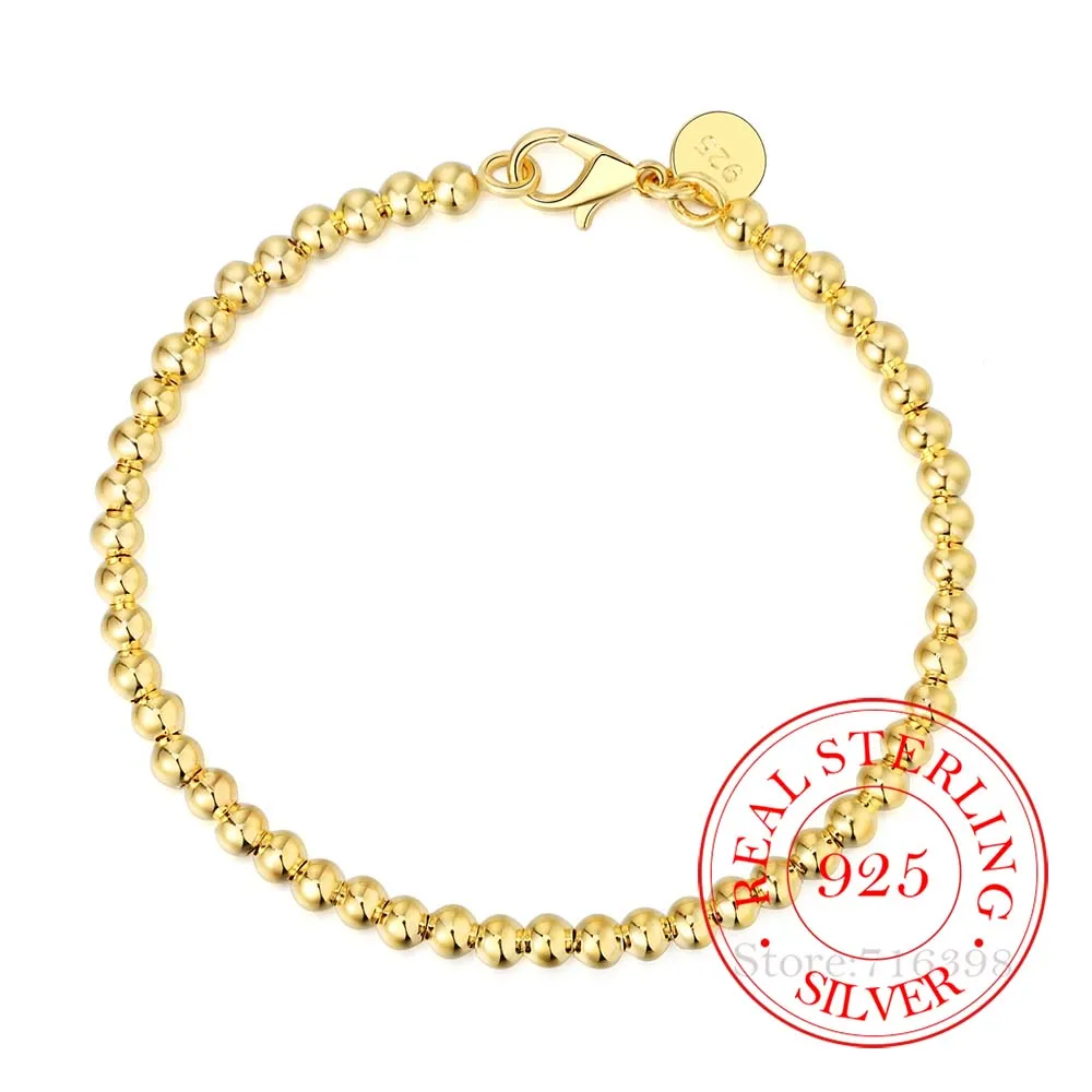 100% prawdziwe 925 srebro bransoletka dla kobiet mężczyzn Homme 4MM koraliki łańcuszek kulkowy bransoletki bransoletki klasyczne Pulsera De Mujer — zdjęcie 4