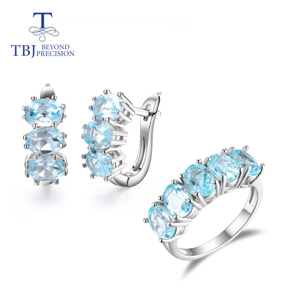 TBJ ,100% natural sky blue topaz gemstone jewelry set brazil  9ct clasp earring ring for women 925 sterling silver fine jewelry