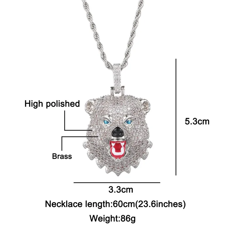 Hip Hop Iced Out Bling Cubic Zirconia Animal Bear Head Necklaces & Pendants For Men Women Rapper Jewelry