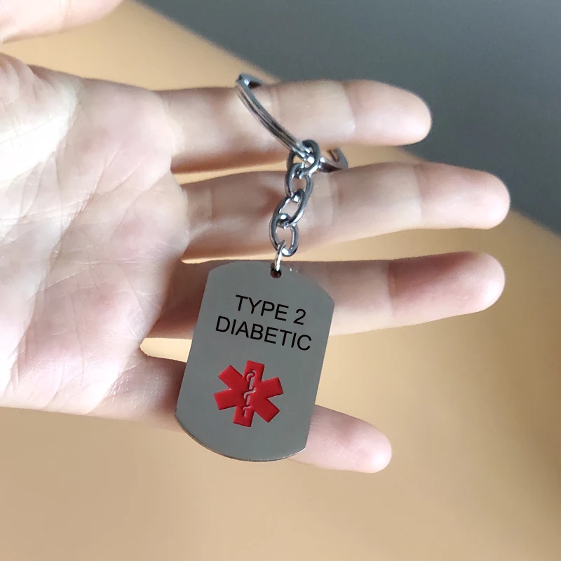 Stainless Steel Red Medical Alert Key Chain Engraved Diabetic Alzheimer's Disease Tag Keychains Keyring Accessories