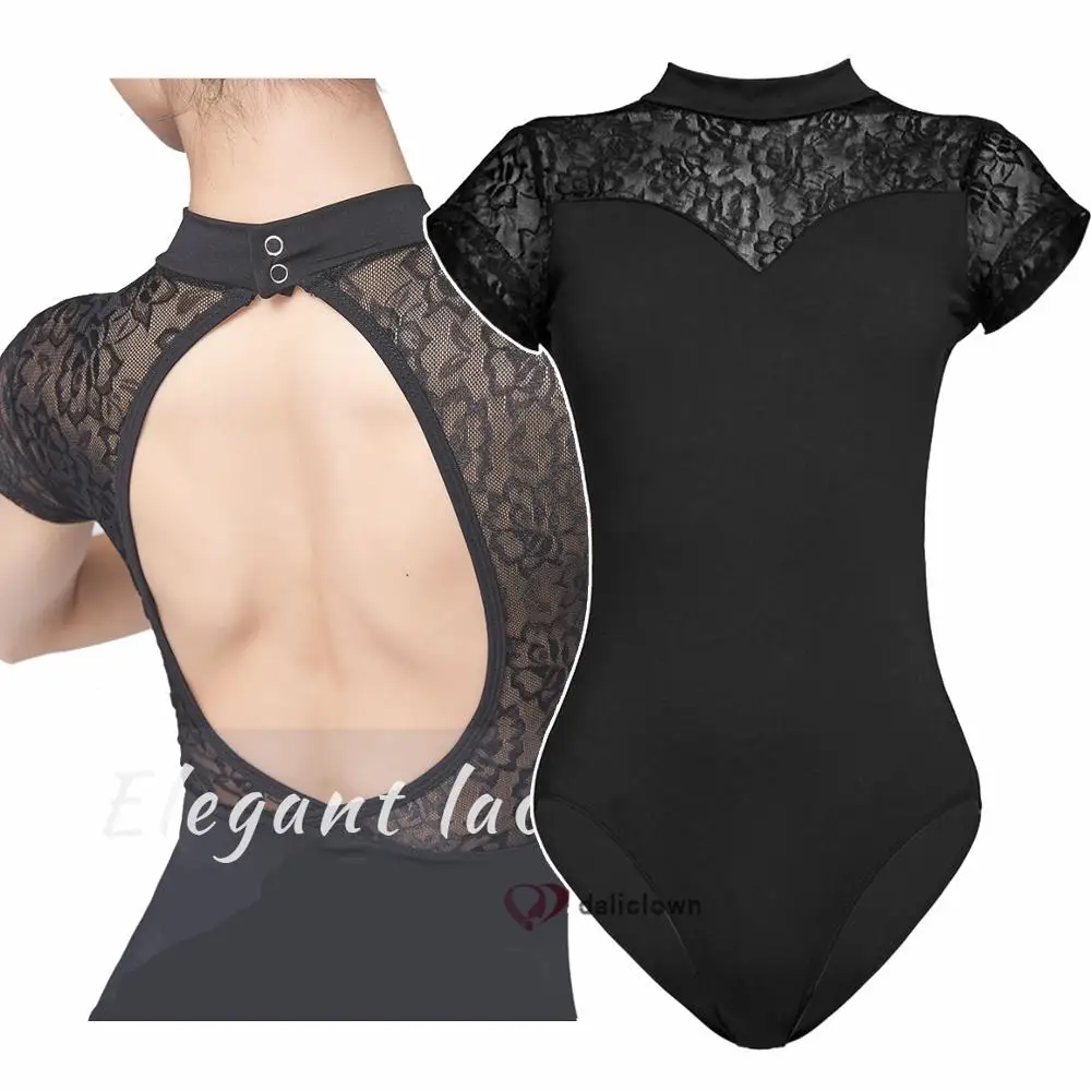 Sexy Black Turtle High Neck Lace Ballet Leotard For Women Adult Open Back Dance Wear Bodysuit Gymnastics Leotard