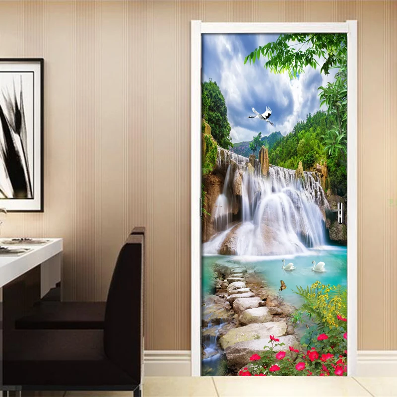 3D Beautiful Mountain Waterfall Door Sticker Living Room Bedroom Self-Adhesive Waterproof Mural Wallpaper For Walls 3 D Sticker