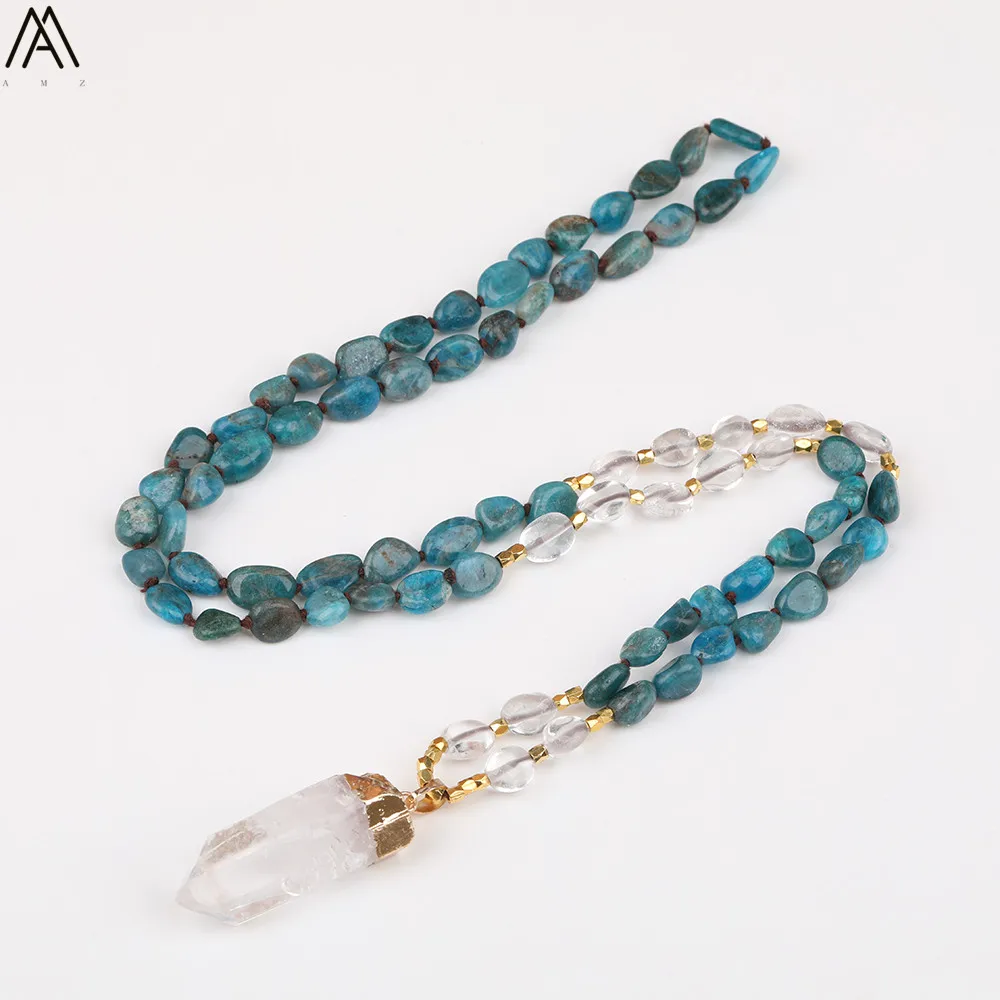 Natürliche Blau Apatit Nugget Chip Perlen Handmade Knot Halskette Frauen Weiß Quarz Punkt Perlen Yoga Halskette Lange 32 Zoll – Detail 18
