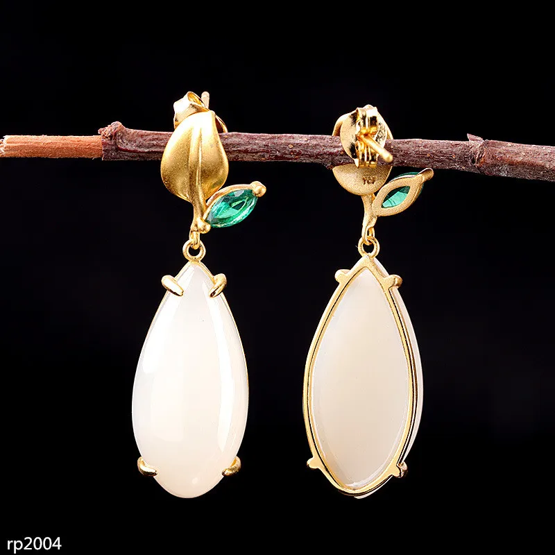 

KJJEAXCMY boutique jewelry S925 Sterling Silver Electroplated Gold Water Drop Hetian Jade Stone Female Stud Earrings