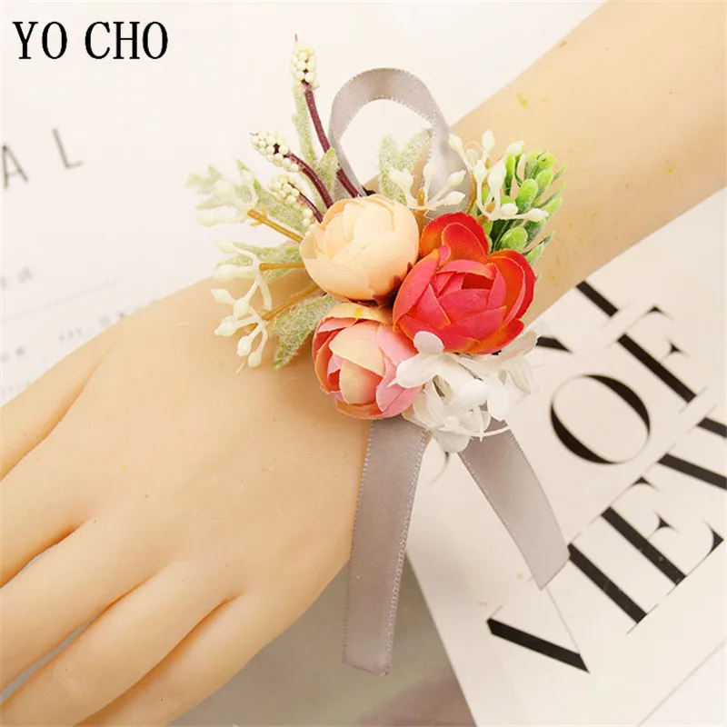 YO CHO Boutonniere Groomsmen Wedding Girl Wrist Corsage Bridesmaids Bracelet Flower Men Boutonniere Wedding Planner Corsage Pins