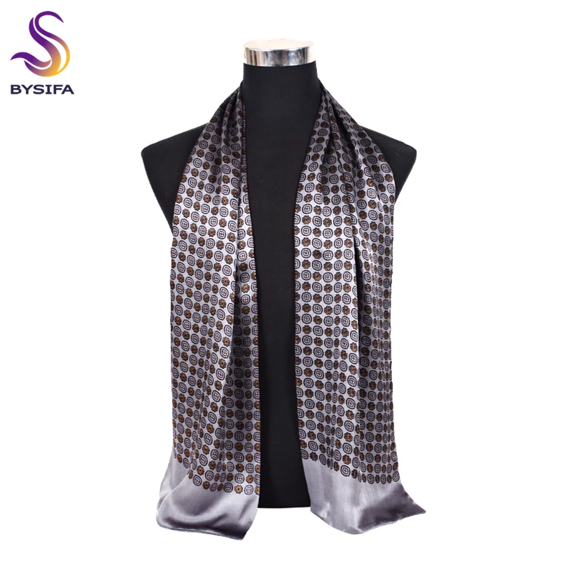 BYSIFA| Fall Winter Man100% Silk Scarf Printed Fashion Brand Metal Grey Long Scarves 2021 New Natural Pure Silk Men Scarf Cravat