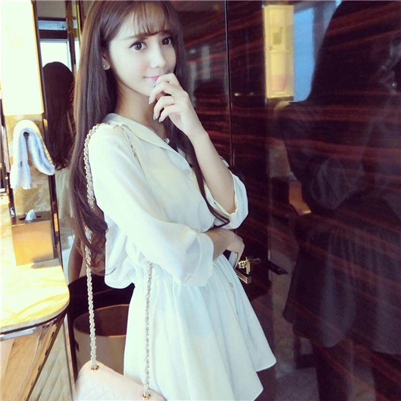 Women White V-neck Dress High Waist Chiffon Skirt Long Sleeve Mini Skirt