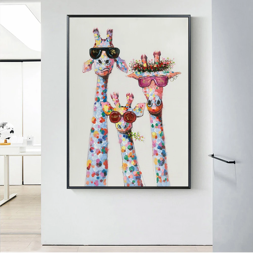 

Giraffe Family With Glasses Oil Paintings Print On Canvas Art Pictures Animals Street Art Posters And Prints For Kids Room Decor