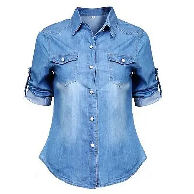 Women Casual Blue Jean Soft Denim Long Sleeve Shirt Tops Blouse Hot Lady Button Pocket Slim Top Sexy Blouse