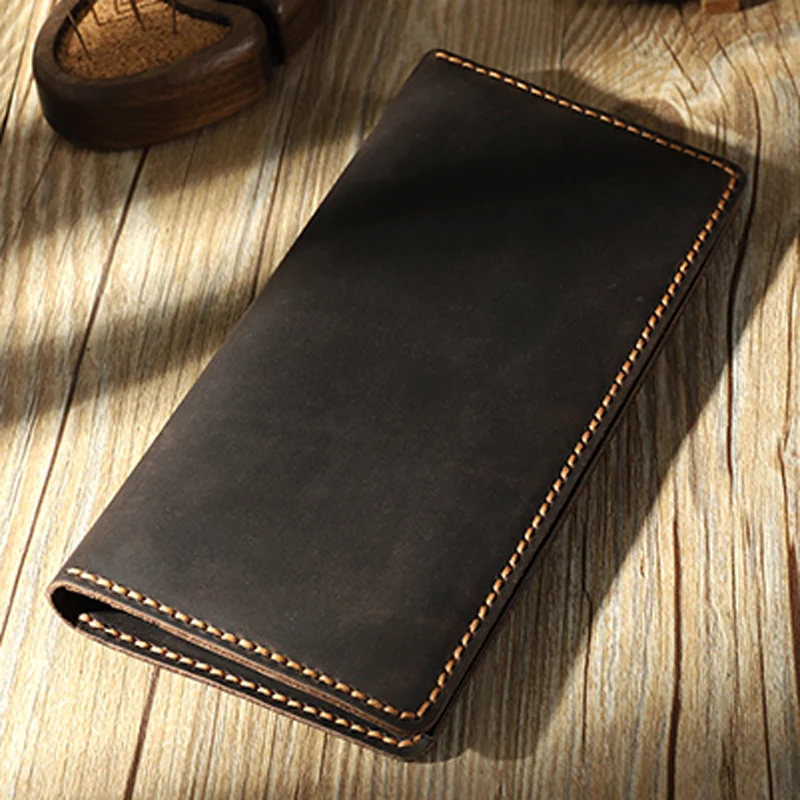 Handmade Vintage Crazy horse Genuine Leather Men's Long wallet Leather wallet Men clutch wallet male Purse money clips cash bag